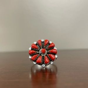 Sterling Silver Red Coral Ring, Size 7.5